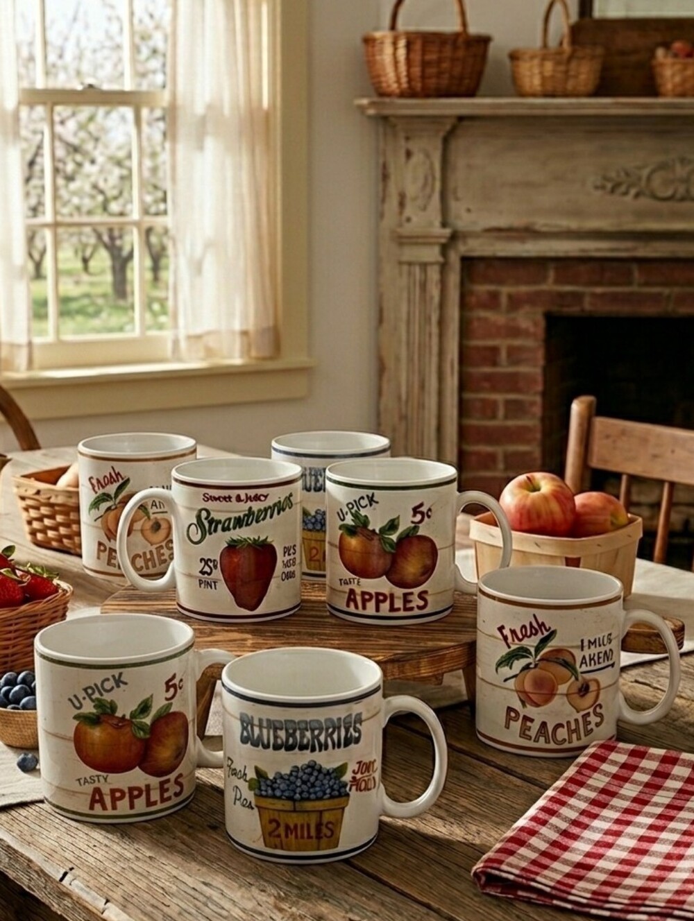 Vintage Sakura "Farmstand Fruit" Coffee Mugs - Set of 7 (Like New!)